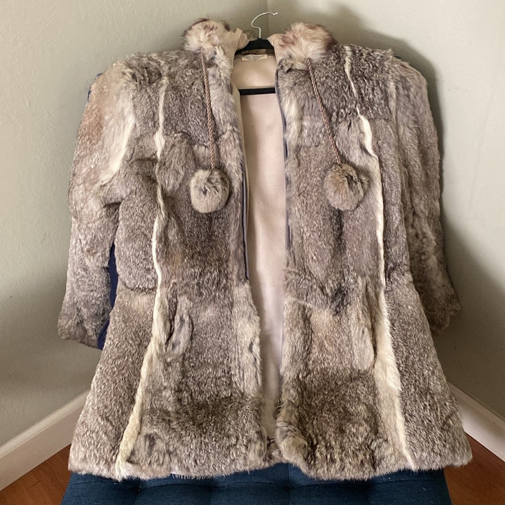 Women’s rabbit fur Jacket in Gray-Cream